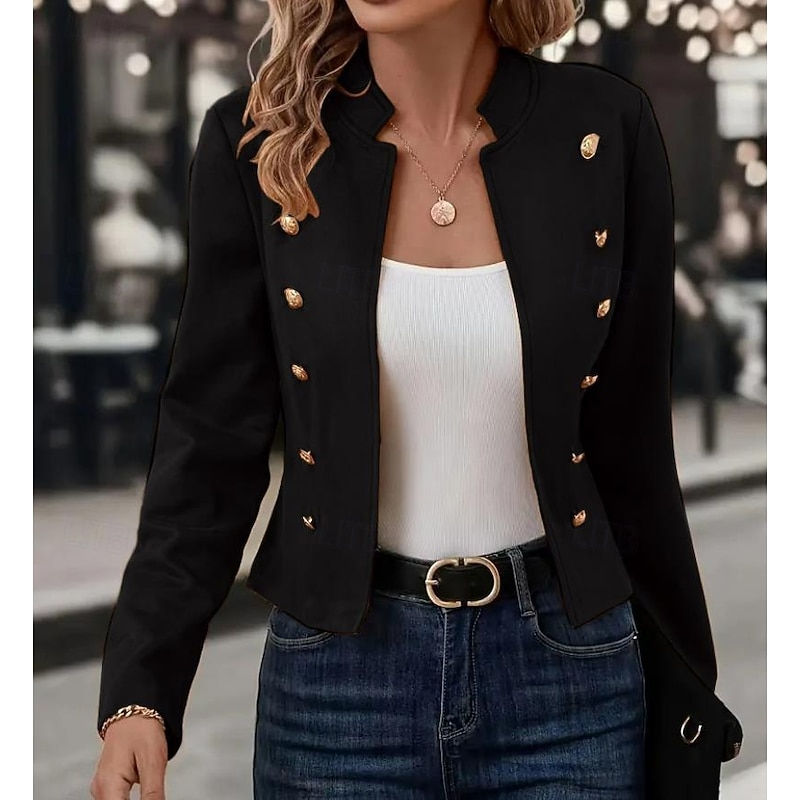 Women's Blazer Outdoor Stand Collar Buttons Solid Color Breathable Fashion Regular Fit Outerwear Long Sleeve Fall Black S4