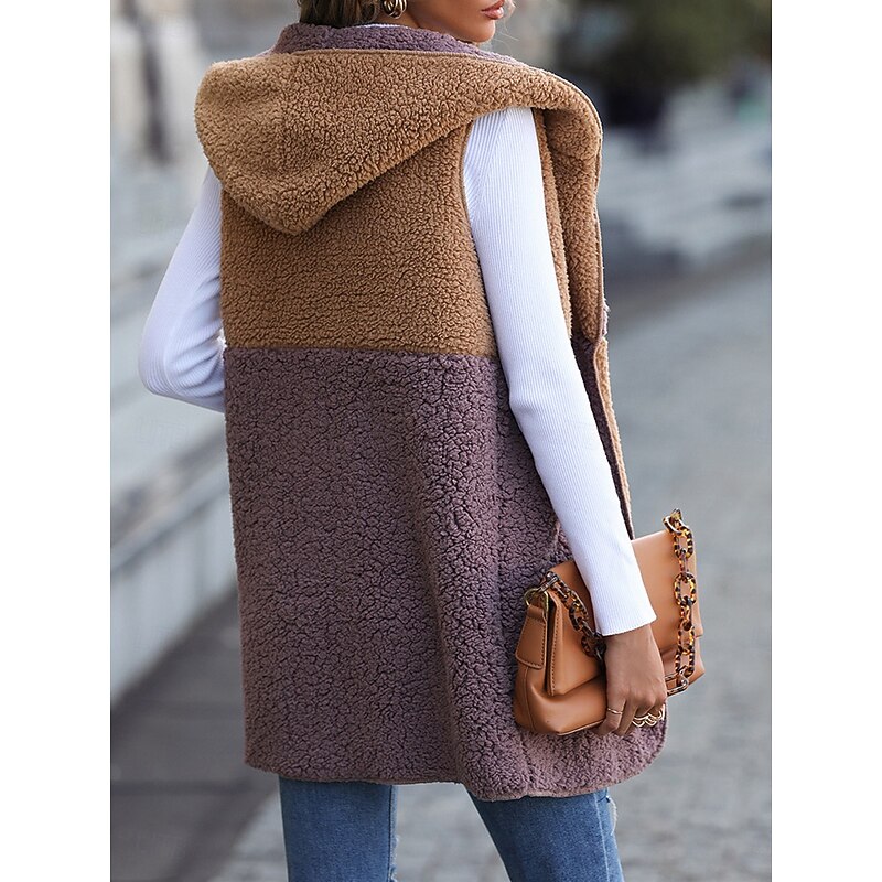 Women's Fleece Jacket Fleece Vest Teddy Coat Warm Breathable Patchwork Pocket Fleece Lined Casual Color Block Vacation Street Daily Wear Going out Open Front Regular Hoodie Regular Fit Sleeveless2