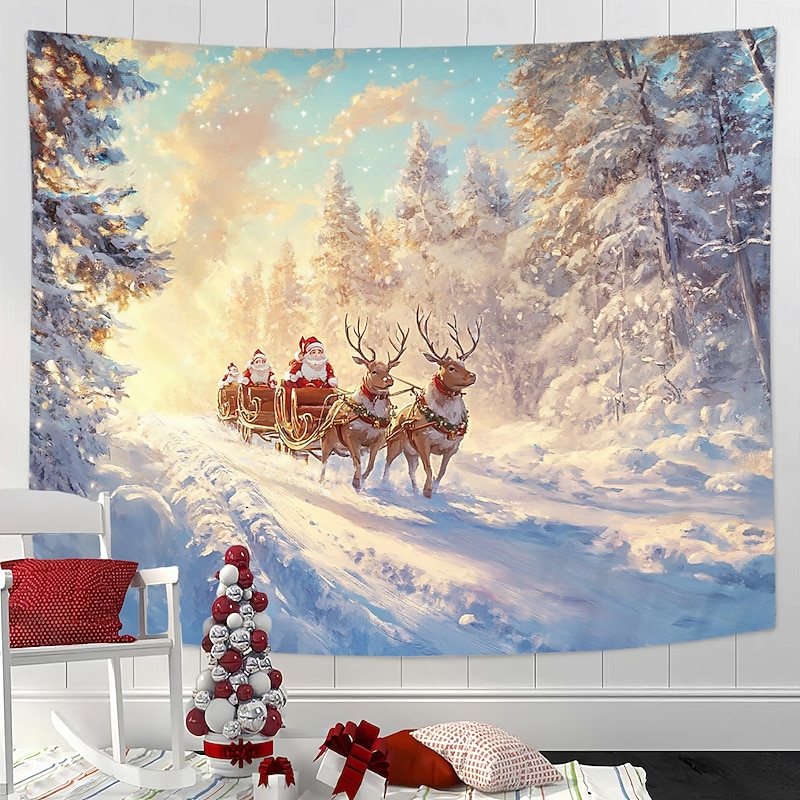 Christmas Decorations Hanging Tapestry Wall Art Xmas Deer Santa Claus Sleigh Large Tapestry Mural Decor Photograph Backdrop Blanket Curtain Home Bedroom Living Room2