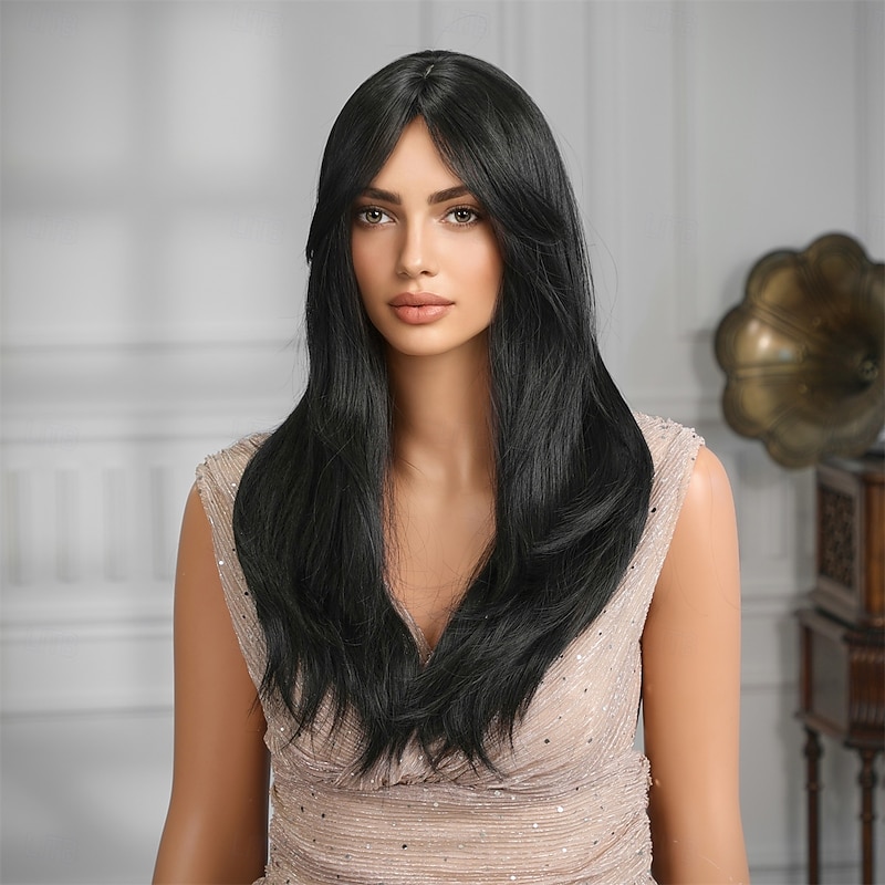 Synthetic Wig Straight kinky Straight Neat Bang With Bangs Machine Made Wig 22 inch Black Synthetic Hair Women's Cute Cosplay Party Natural Black3