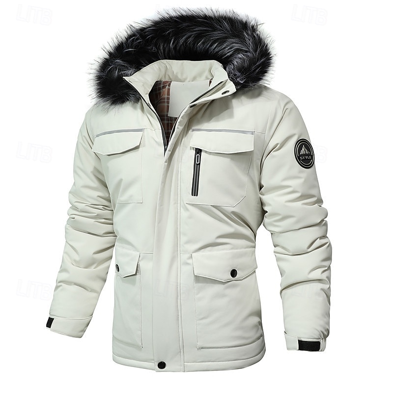 Men's Outdoor Jacket Fleece Jacket Raincoat Hoodie Jacket Daily Vacation Thermal Warm Waterproof Pocket Fall & Winter Plain Fashion Classic Hooded Regular Black White Red Jacket - Main Image