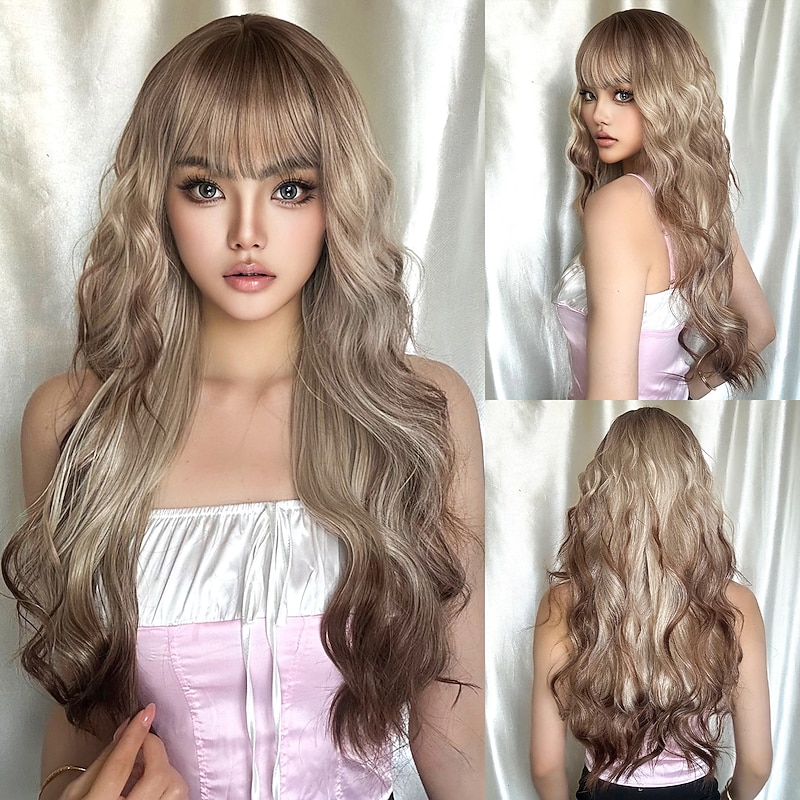 Synthetic Wig Uniforms Career Costumes Princess Curly Wavy Middle Part Layered Haircut With Bangs Machine Made Wig 28 inch Rose Gold Synthetic Hair Women's Cosplay Party Fashion Black / Blonde
