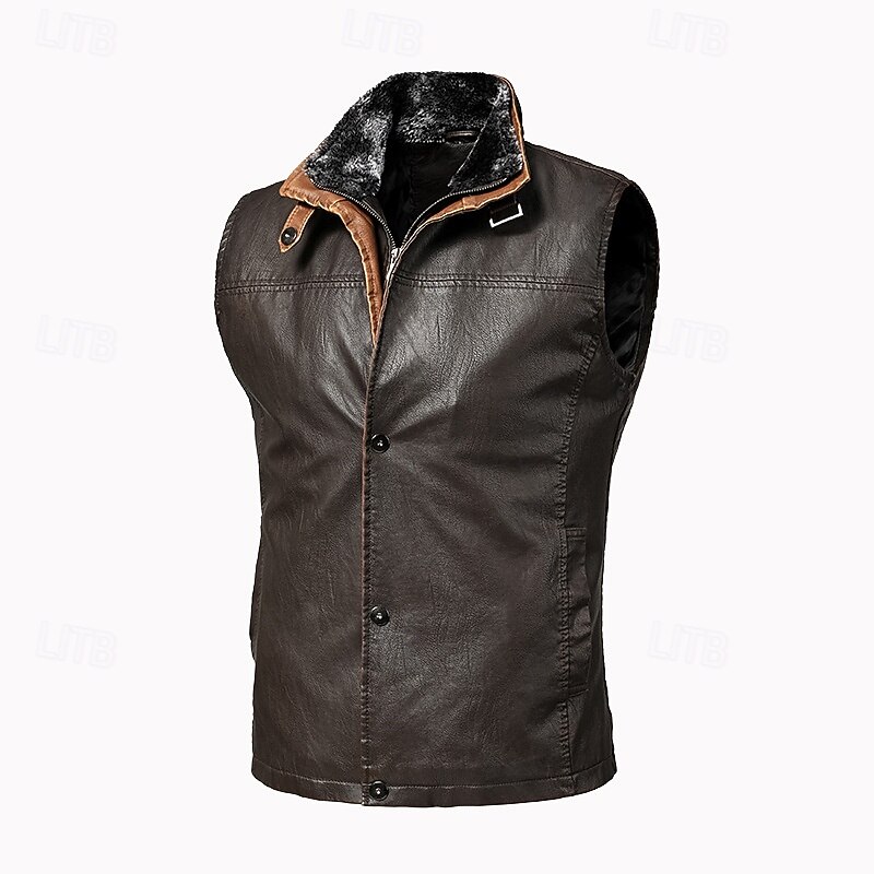 Men's Vest Gilet Wedding Event / Party Daily Fashion Business Fall & Winter Pocket Fleece PU Leather Thermal Warm Plain Zipper Stand Collar Regular Fit Coffee Vest