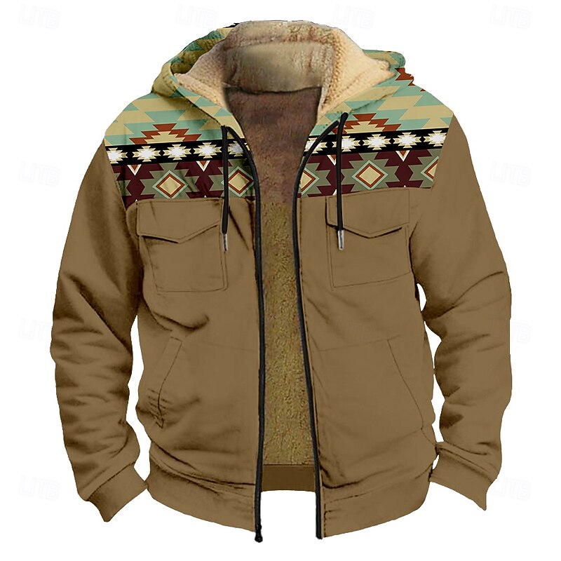 Men's Aztec Fleece Hoodie Hoodies Fashion Cool Long Sleeve Hooded Holiday Streetwear Brown Zipper Pocket Fall Winter Designer