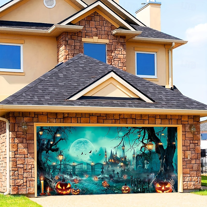 Halloween Decorations Outdoor Garage Door Cover Banner Large Halloween Backdrop Decoration for Holiday Outdoor Garage Door Home Wall Decorations