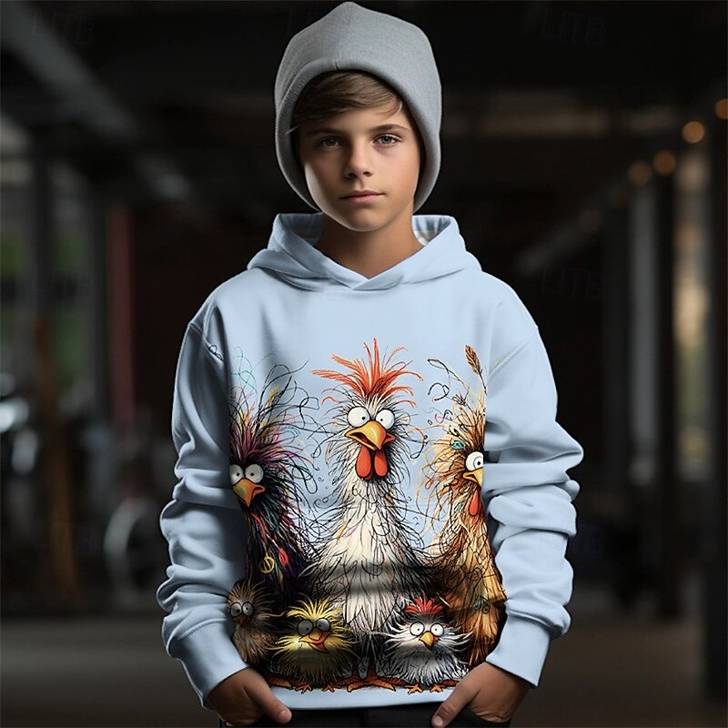Boys 3D Graphic Animal Chick Hoodie Long Sleeve Spring Fall Fashion Streetwear Kids 4-12 Years Hooded Outdoor Casual Daily Regular Fit4