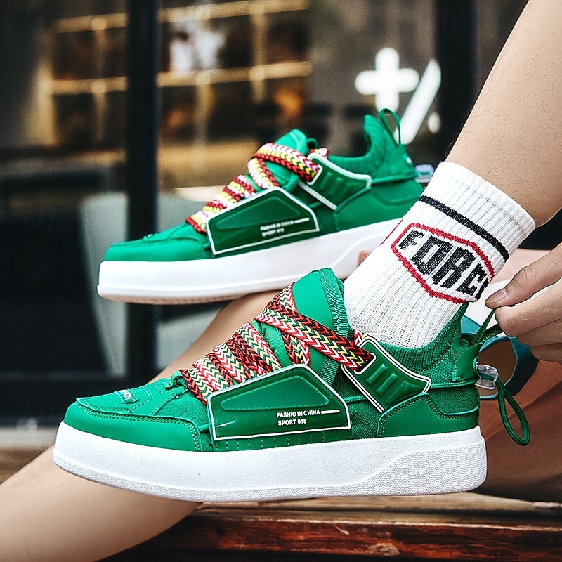 Men's Green High-Top Sneakers with Multicolor Laces and Velcro Strap – Stylish Casual Sport Shoes for Streetwear and Everyday Use 8