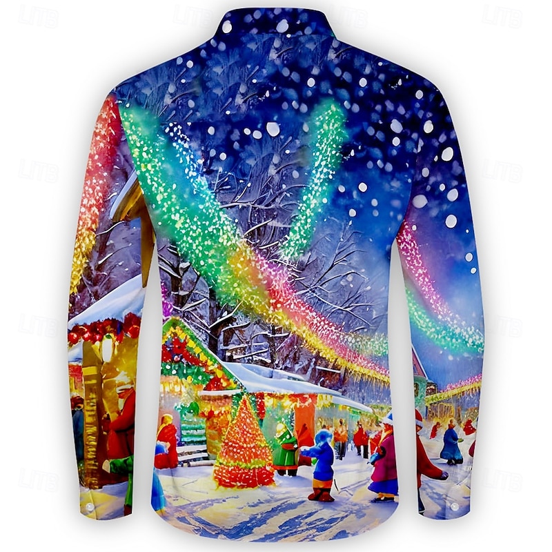 Christmas Men's Ugly Christmas Shirt Button Up Shirt Long Sleeve Casual Party Evening Wear Daily Fall Winter Spring & Summer Shirt Collar Button Up 3D Print Blue2