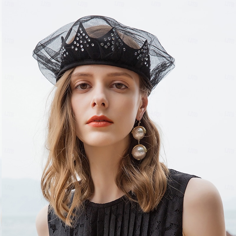 Headwear Fiber Beret Hat Floppy Hat Top Hat Wedding Cocktail Elegant Wedding With Rhinestone Smooth Headpiece Headwear4