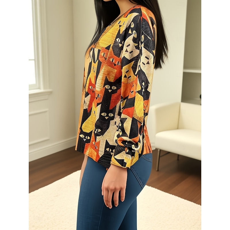 Women's Pullover Sweater Jumper Casual Animal V Neck V Neck Digital print Long Sleeve Regular Tops Knit Daily Yellow Fall Winter3