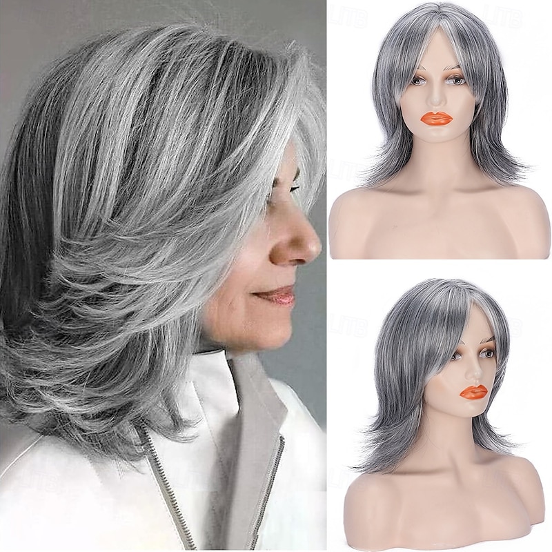 Silver Gray Layered Wig with Curtain Bangs for Women Synthetic Light Grey Ombre Highlight Bob Wig Short Pixie Cut Layered Wavy Wig for Women