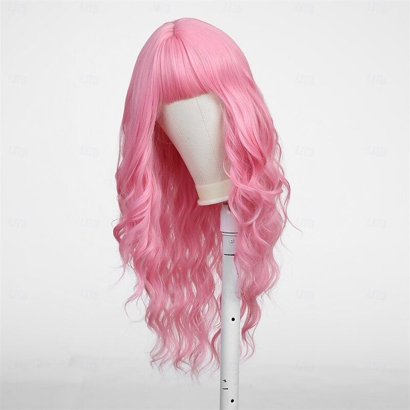 Synthetic Wig Uniforms Career Costumes Princess Curly Wavy Middle Part Layered Haircut Machine Made Wig 24 inch Pink+Red Synthetic Hair Women's Cosplay Party Fashion Pink4