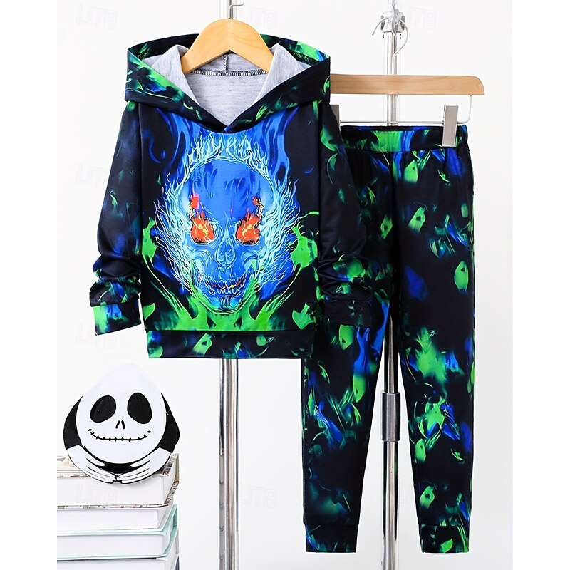 Boys 3D Graphic Skull Sports Suit Hoodie Set Tracksuits Long Sleeve Spring Fall Daily Casual Tights Kids 4-12 Years Hooded Outdoor Vacation Sports Tailored Fit