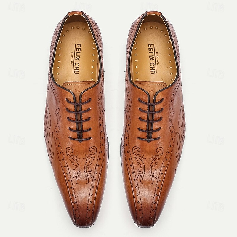Men's Premium Cowhide Leather Oxford Shoes – Hand-Carved Floral Design Lace-Up Brogue Dress Shoes for Formal Occasions2