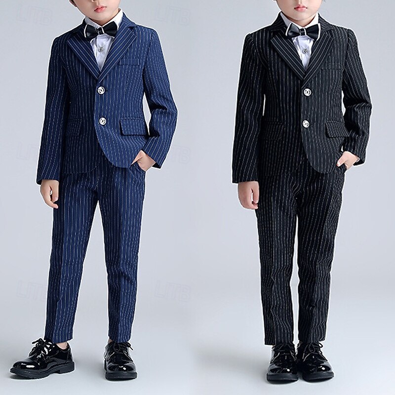 3 Pieces Ring Bearer Suit Boys Kids Suit Formal Suit Suit & Blazer Formal Set Formal Party Fashion Cool Stripe Pocket Black Navy Blue Polyester