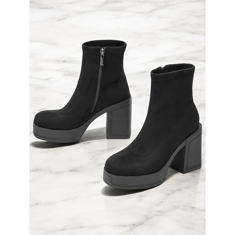 Women's Black Suede Platform Ankle Boots – Chunky High Heel Design for Casual and Party Wear