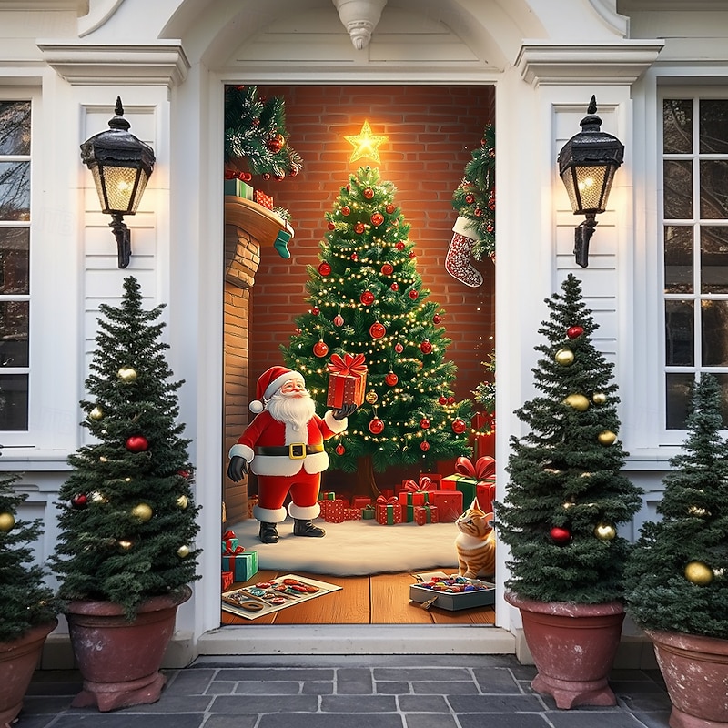 Christmas Door Decorations Door Covers Fireplace Xmas Door Tapestry Door Curtain Decoration Backdrop Indoor/Outdoor Door Banner for Front Door Farmhouse 11