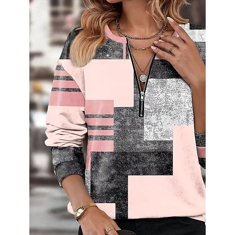 Women's Quarter Zipper Sweater Plaid Street Dailywear Print Casual Crew Neck Long Sleeve Micro-elastic Fall Winter Comfrt Breathable Soft Fabric4