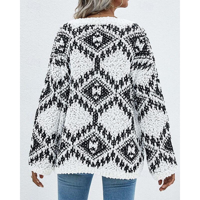 Women's Sweater Daily Casual Geometric Print Crew Neck Knitted Textured Long Sleeve Long Tops Knit Outdoor Work White Purple Fall Winter3