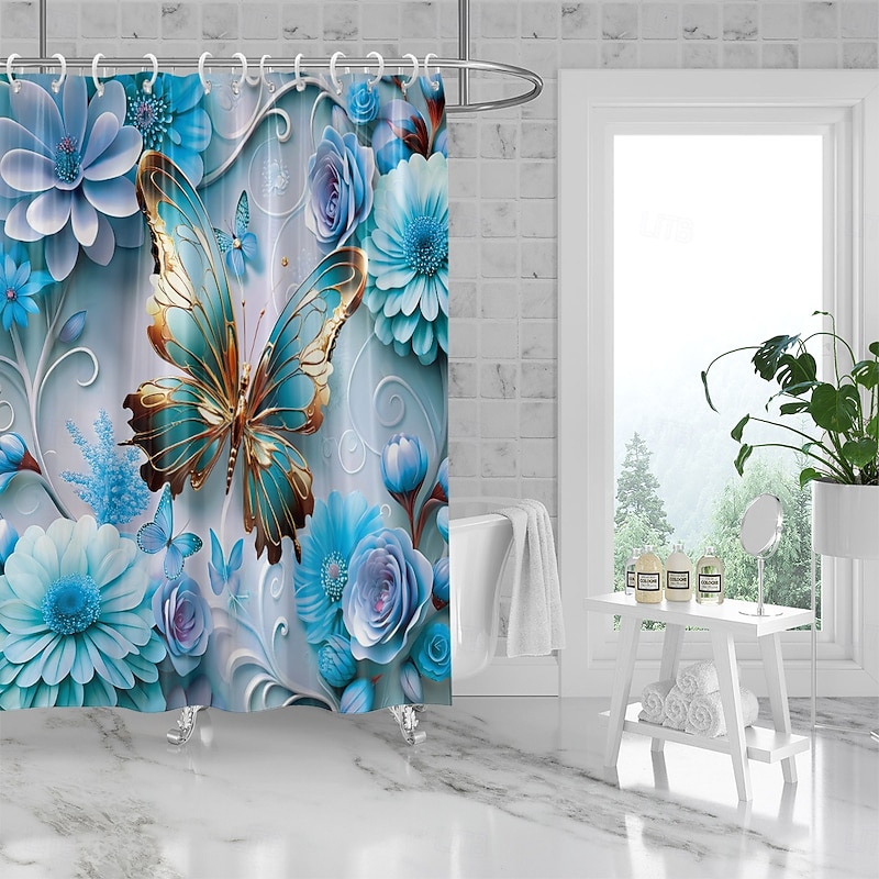 Shower Curtain with Hooks 180cm*180cm(70"*70") Polyester Washable Waterproof Floral Butterfly Pattern Bathroom Decor3