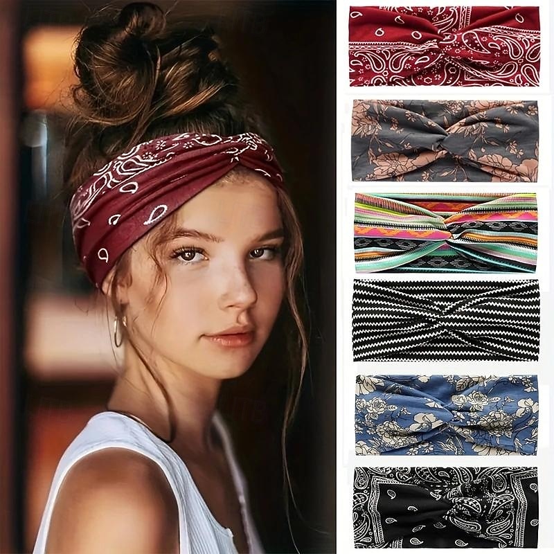 Boho Headband Set for Women Bohemian Style Soft Stretchy Bandana Hair Bands, Polyester Hand Wash Hair Accessories for Yoga, Sports, and Daily Wear