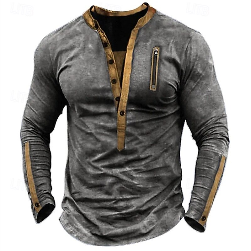 Men's T shirt Tee Solid Color Henley Normal Outdoor Home Long Sleeve Vintage Style Clothing Apparel Traditional / Vintage