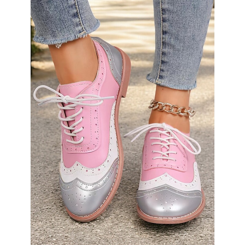 Women's Multicolor Oxford Shoes, Retro Wingtip Design with Green, Pink, and Purple Panels, Casual Lace-Up Brogues for Fashion and Daily Wear