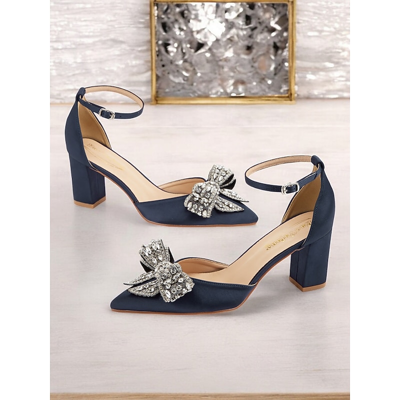 Women's Satin Block Heel Pumps with Rhinestone Bow – Elegant Formal Heels for Weddings and Special Occasions2