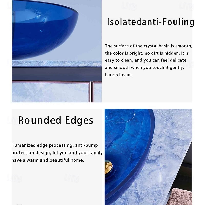 Bathroom Vessel Sink Tempered Glass Wash Basin Bowl Above Counter Art Vessel Sink with Water Drop Faucets and Pop-Up Drain3