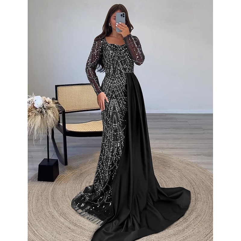 Black Sequin Tie Mermaid Evening Gown Elegant Fall Wedding Formal Dress Floor Length Long Sleeve Square Neck with Glitter Slit Masquerade Dress