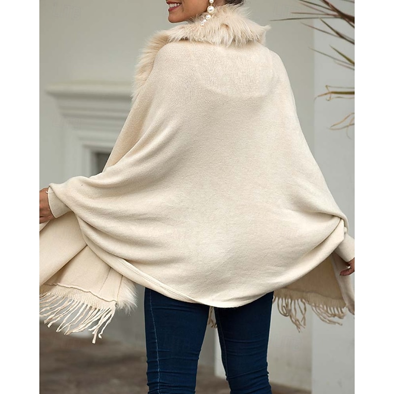 Women's Cardigan Open Front Knit Tassel Fur Fall Winter Formal Outdoor Elegant Fashion Long Sleeve Solid Color Khaki Beige3
