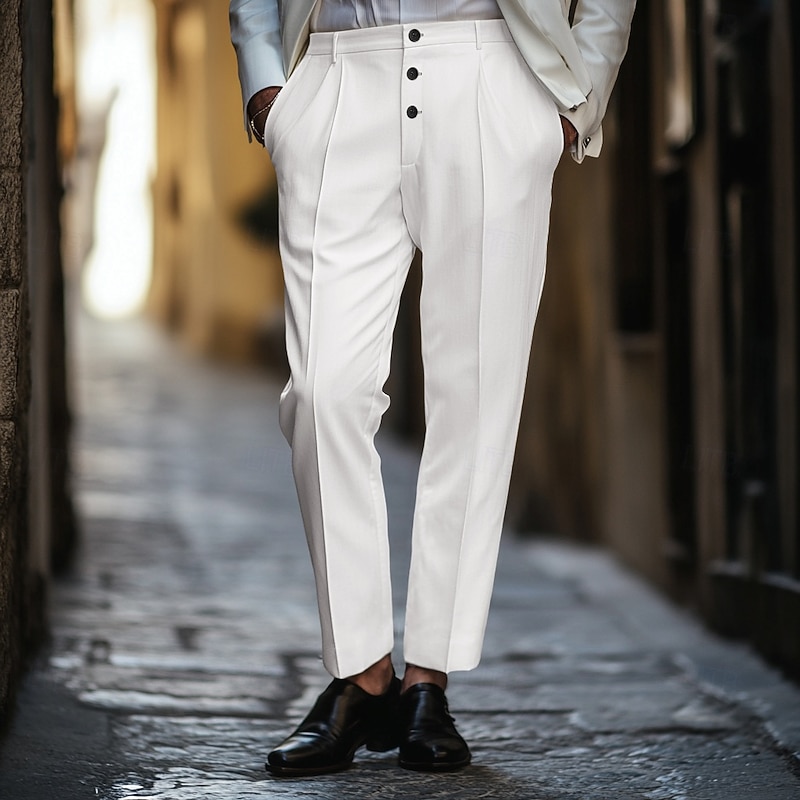 Men's Dress Pants Trousers Casual Pants Buttons Pocket Pleats Plain Comfort Soft Ankle-Length Wedding Outdoor Daily Elegant Fashion Black White Micro-elastic