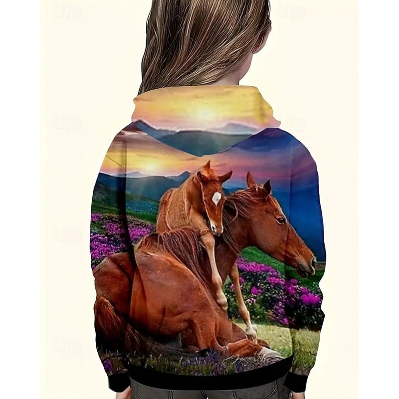 Boys Girls' 3D Graphic Animal Horse Hoodie Long Sleeve Fall Winter Fashion Adorable Basic Kids 4-12 Years Hooded Outdoor Casual Daily Regular Fit2