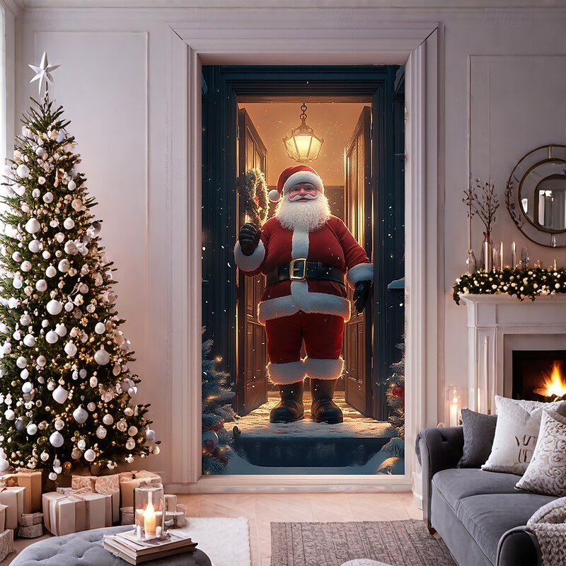 Christmas Door Decorations Door Covers Xmas Santa Standing Door Tapestry Door Curtain Decoration Backdrop Door Banner for Front Door Farmhouse Holiday Party Decor Supplies Indoor/Outdoor4
