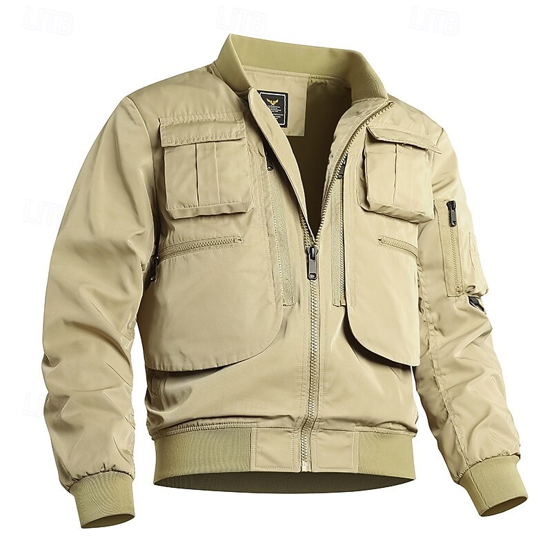 Men's Bomber Jacket Tactical Jacket Windcheater Jacket Sports Outdoor Camping & Hiking Waterproof Windbreaker Zipper Pocket Fall Winter Solid Color Active Hooded Regular Black Dark Green Khaki Jacket