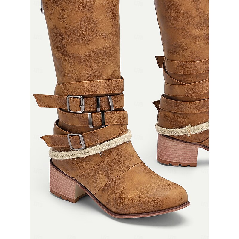 Rustic Brown Western Women's Boots with Buckle Straps and Rope Detailing - Vintage Style, Perfect for Casual Outings and Country Festivals4