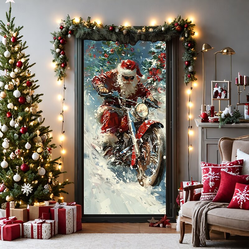 Christmas Door Decorations Door Covers Xmas Motor Santa Door Tapestry Door Curtain Decoration Backdrop Door Banner for Front Door Farmhouse Holiday Party Decor Supplies Indoor/Outdoor3