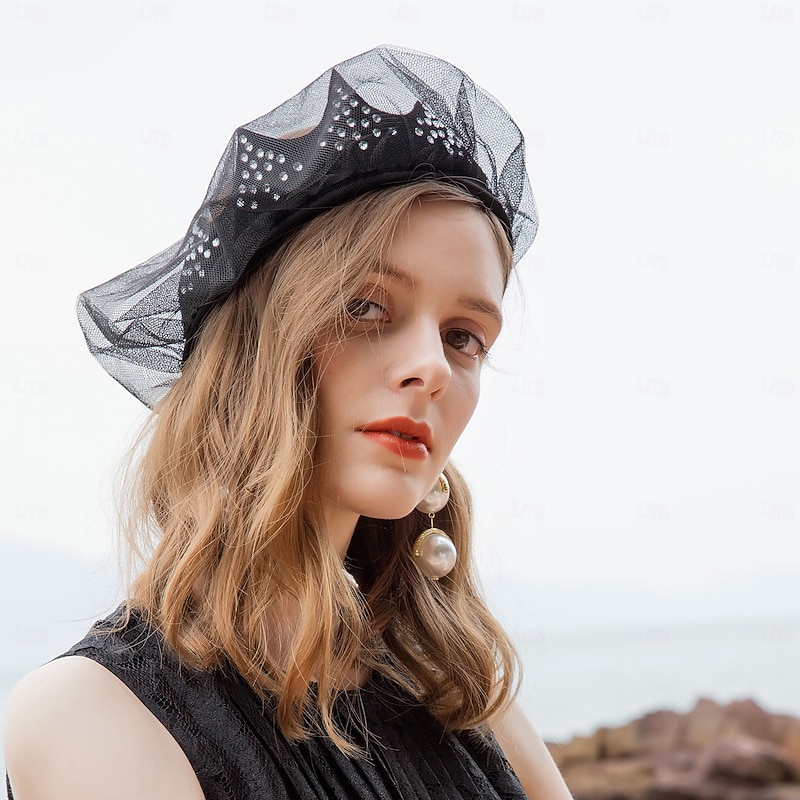 Headwear Fiber Beret Hat Floppy Hat Top Hat Wedding Cocktail Elegant Wedding With Rhinestone Smooth Headpiece Headwear3