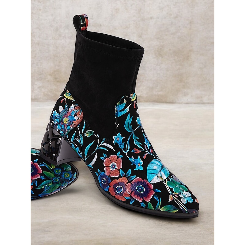 Women's Floral Embroidered Ankle Boots with Quilted Block Heel, Vintage Style, Fashionable Party and Casual Footwear3