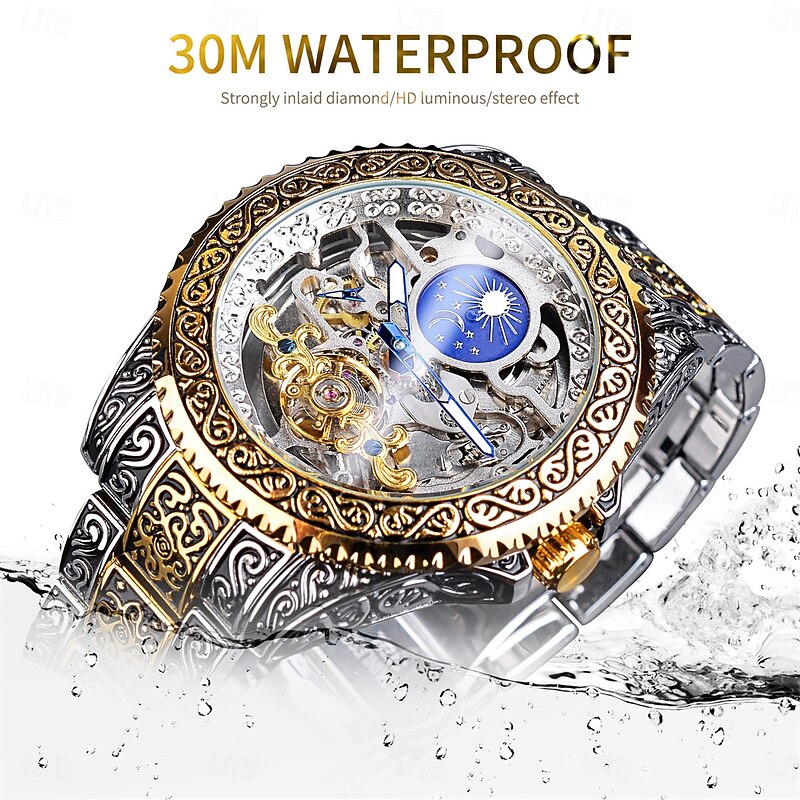 FORSINING Men Mechanical Watch Retro Vintage Luxury Large Dial Fashion Hollow Skeleton Automatic Self-winding Moon phase Luminous Stainless Steel Strap Watch3