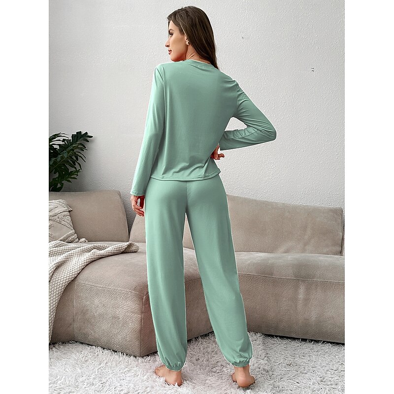 Women's Pajama Set 2 Pieces Pure Color Casual Comfort Comfrt Home Spandex Comfort Breathable Crew Neck Long Sleeve T shirt Tee Pant Spring Fall Home Outfits2