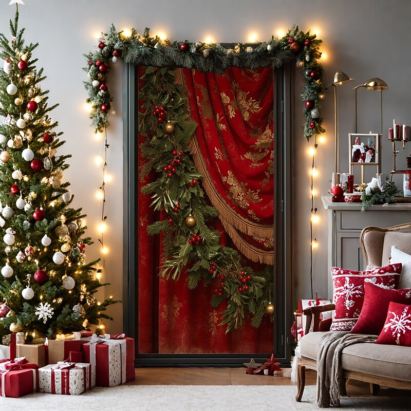 Christmas Door Decorations Door Covers Evergreen Holly Door Tapestry Door Curtain Decoration Backdrop Door Banner for Front Door Farmhouse Christmas Holiday Party Decor Supplies Gift Indoor/Outdoor2