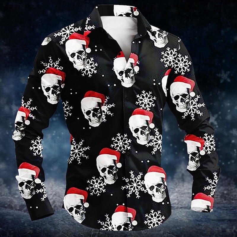 Christmas Men's Hat Halloween Costumes Skulls Shirt Button Up Shirt Long Sleeve Fashion Casual Party Evening Wear Daily Fall Winter Spring & Summer Shirt Collar Button Up 3D Print Black - Main Image