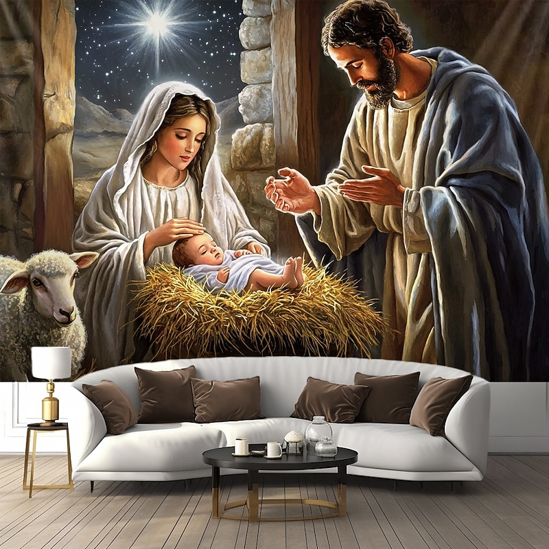 Christmas Decorations Nativity Scene Hanging Tapestry Wall Art Large Tapestry Mural Decor Photograph Backdrop Blanket Curtain Home Bedroom Living Room Decoration
