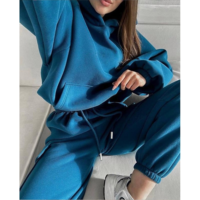 Comfry hooded fleece Women's Sweatshirt Pants Sets Outdoor Sport Warm Sports Long Sleeve Hooded Blue Spring Fall3