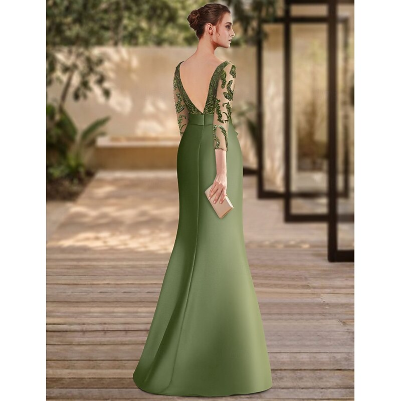 Mermaid Mother of the Bride Evening Gown Elegant Dress Formal Floor Length 3/4 Length Sleeve Illusion Neck Satin with Appliques2