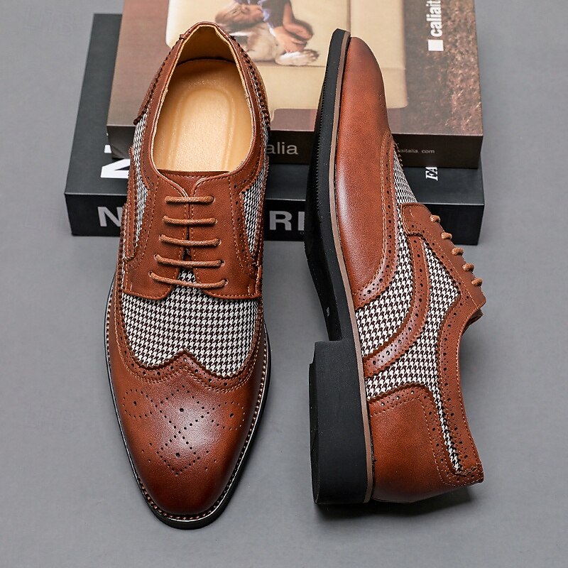 Men's Brown Faux Leather Oxford Shoes with Houndstooth Pattern and Brogue Detailing – Classic Formal Dress Shoes for Business and Weddings2