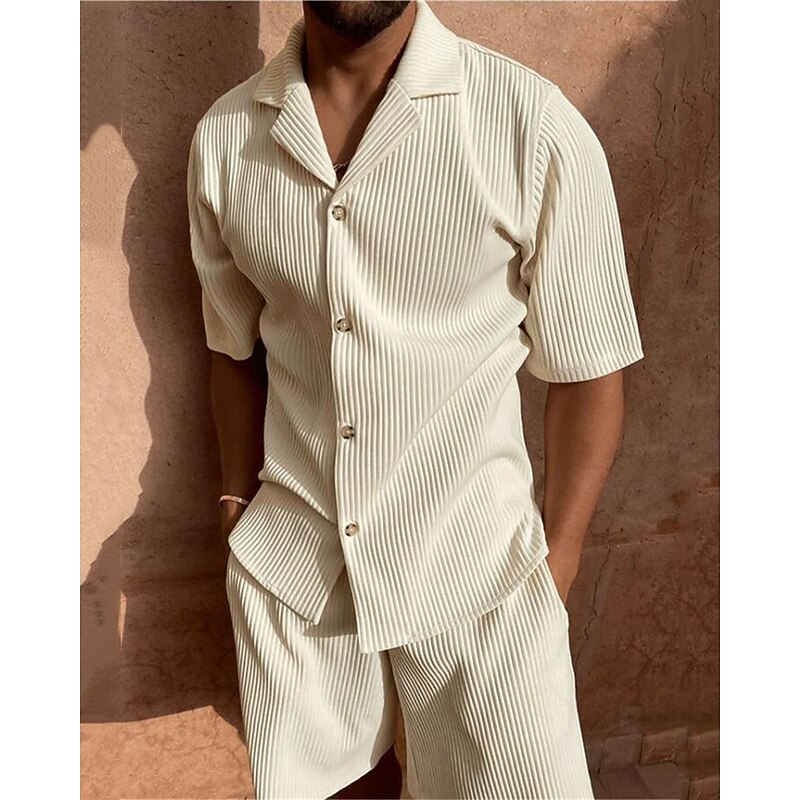 Men's Corduroy Shirt T-shirt Suits 2 Pieces Outfits Tee & Shorts Short Sleeve Lapel Summer Plain Fashion Casual 2 Piece Vacation Daily Wear Going out Black Pink Blue Top Tee for Men