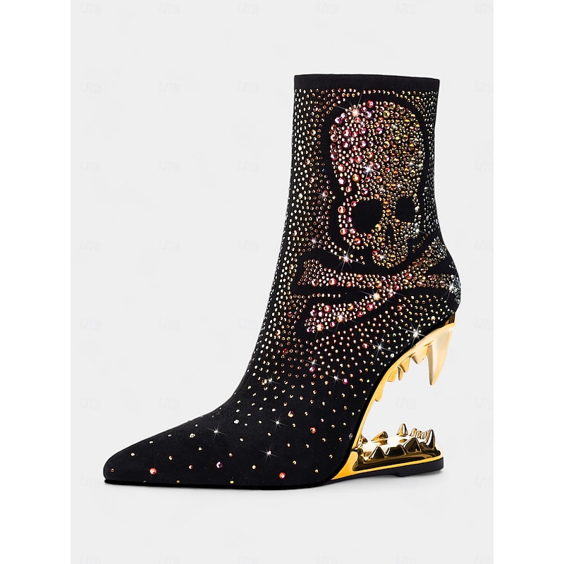 Women's Black Skull Ankle Boots with Rhinestone Embellishments and Gold Cut-Out Heels – Bold Statement Heels for Gothic Fashion and Parties4