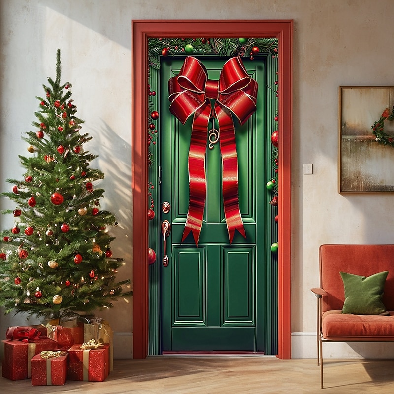 Christmas Door Decorations Door Covers Xmas Bow Tie Door Tapestry Door Curtain Decoration Backdrop Door Banner for Front Door Farmhouse Christmas Holiday Party Decor Supplies Ornaments Indoor/Outdoor 8